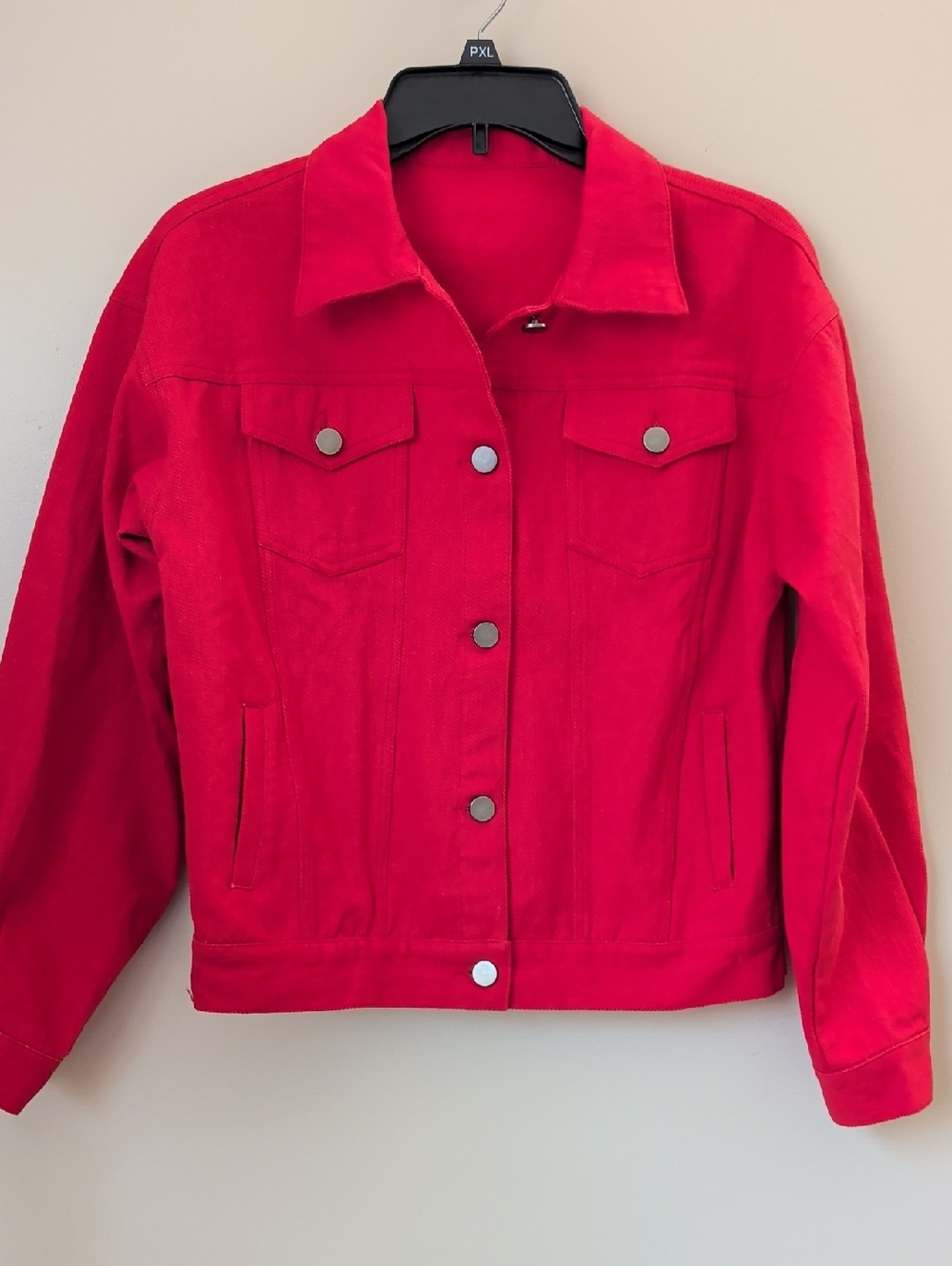 Ebossy Classic Red Women’s Button Up Denim Jacket Size S 100% Cotton Casual Chic